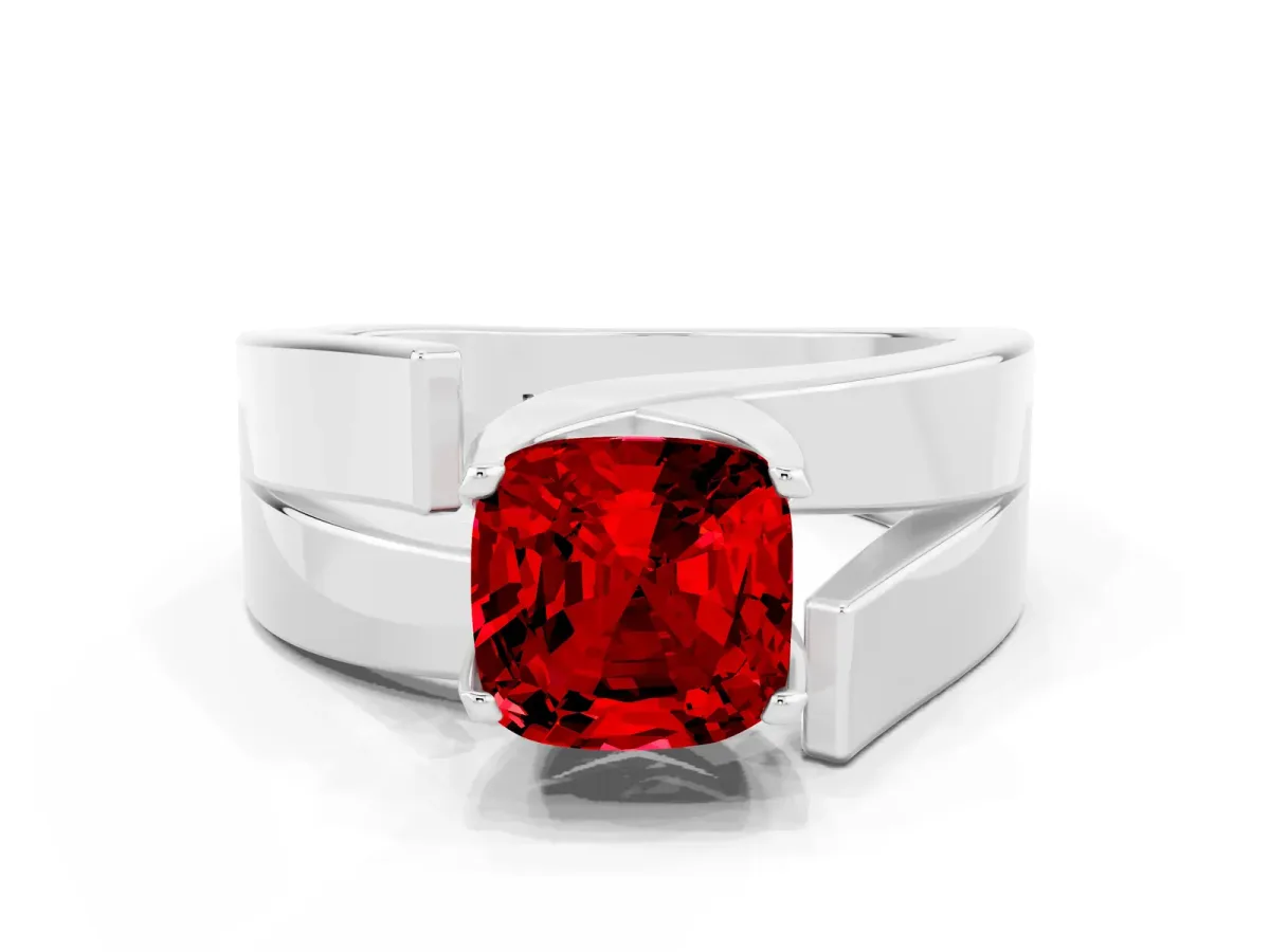 Modern Tension Set Cushion Cut Ruby Solitaire Wide Band Ring White gold