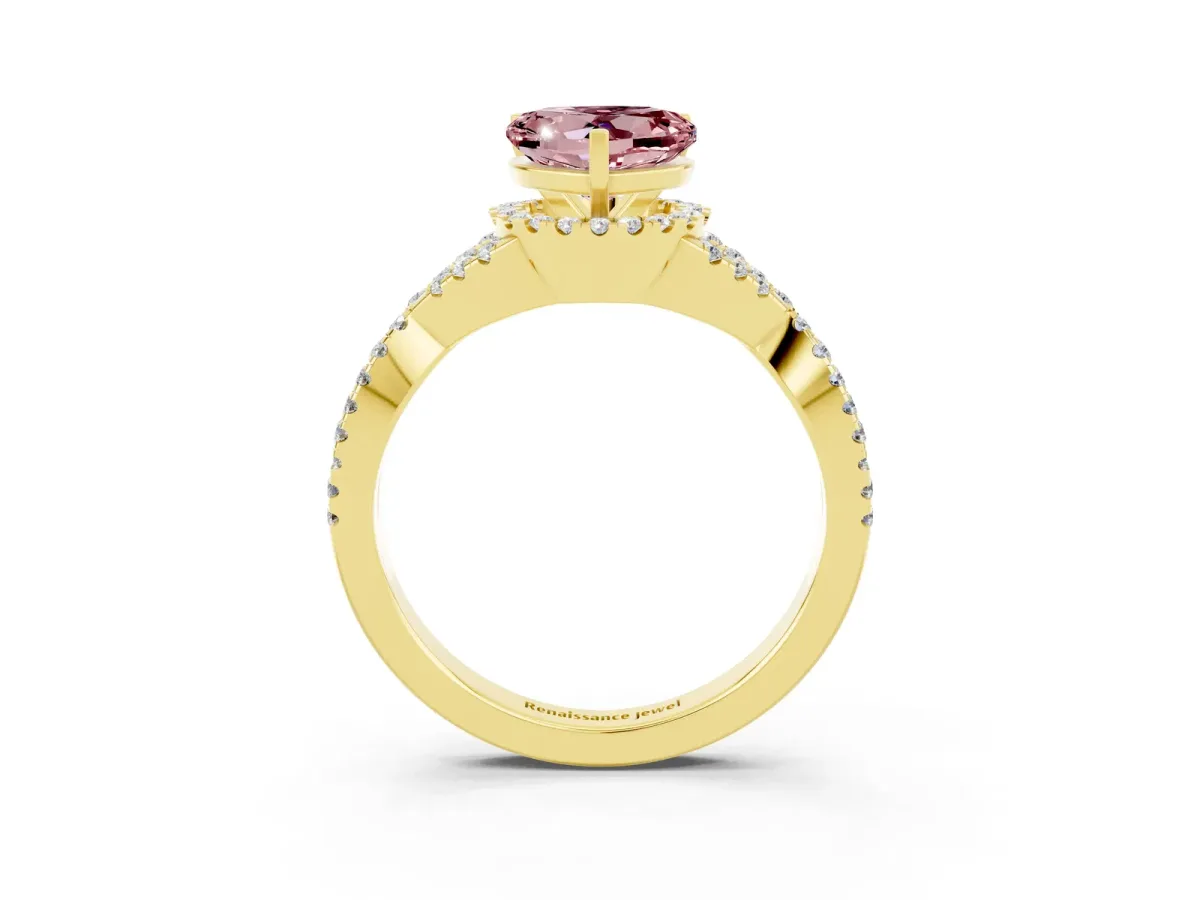 Heart Cut Morganite Halo Twist Band Solitaire Prong Setting Ring Yellow gold