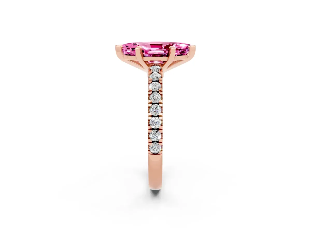 Marquise Cut Solitaire Pink Sapphire with Pavé Band and Four-Prong Setting Rose gold