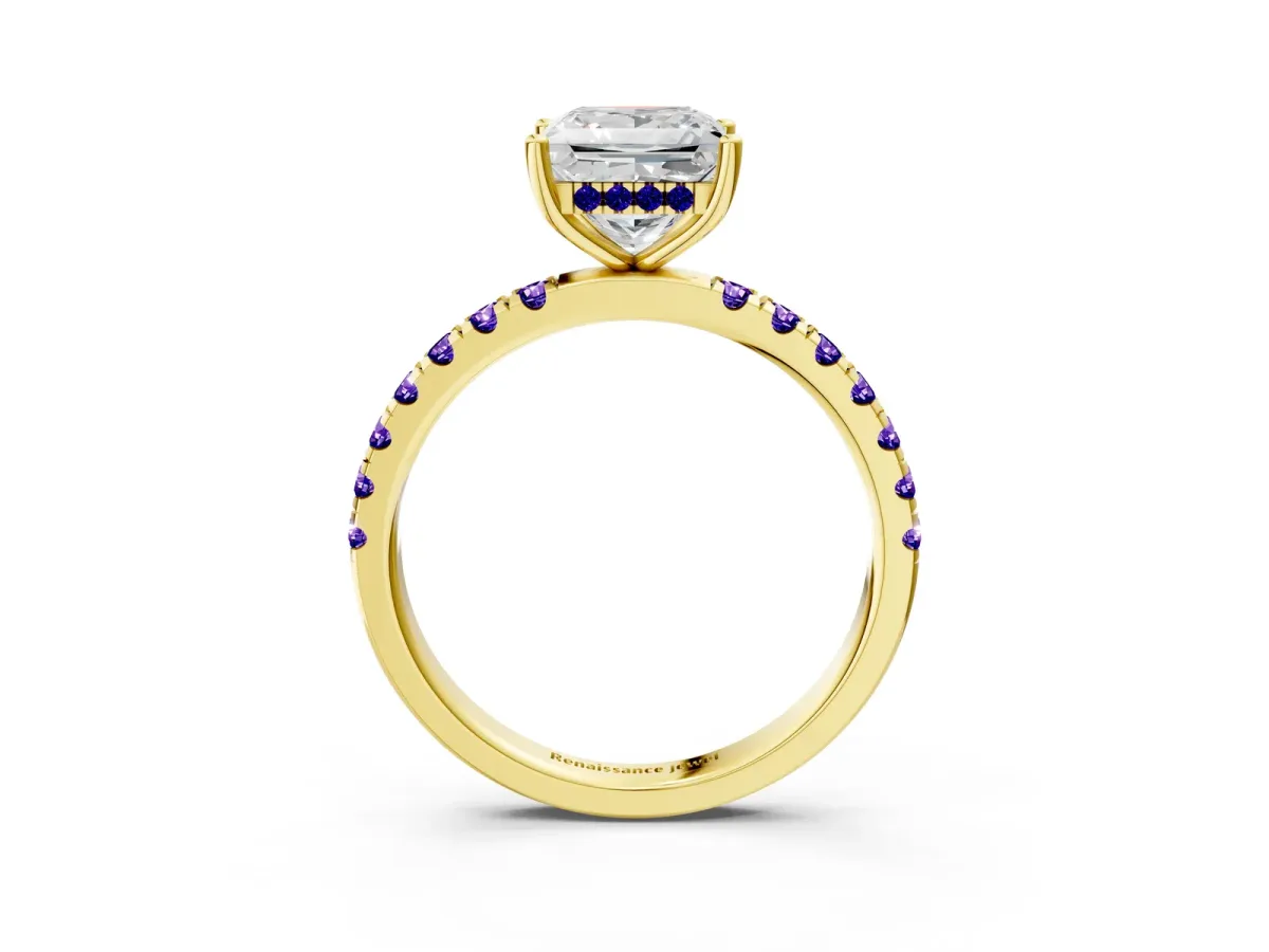 Princess Cut Diamond Pave Band Solitaire Ring with Round Tanzanite and Prong Setting Yellow gold