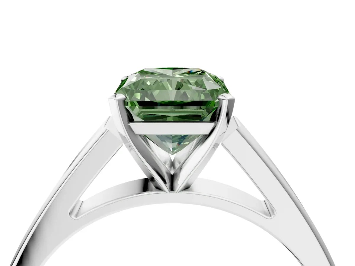 Fancy Green Radiant Cut Solitaire Engagement Ring with Four-Prong Setting and Tapered Band Platinum