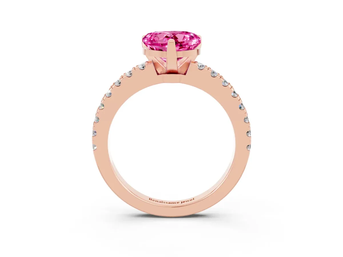 Heart Cut Solitaire Pink Sapphire with Pavé Band and Four-Prong Setting Rose gold