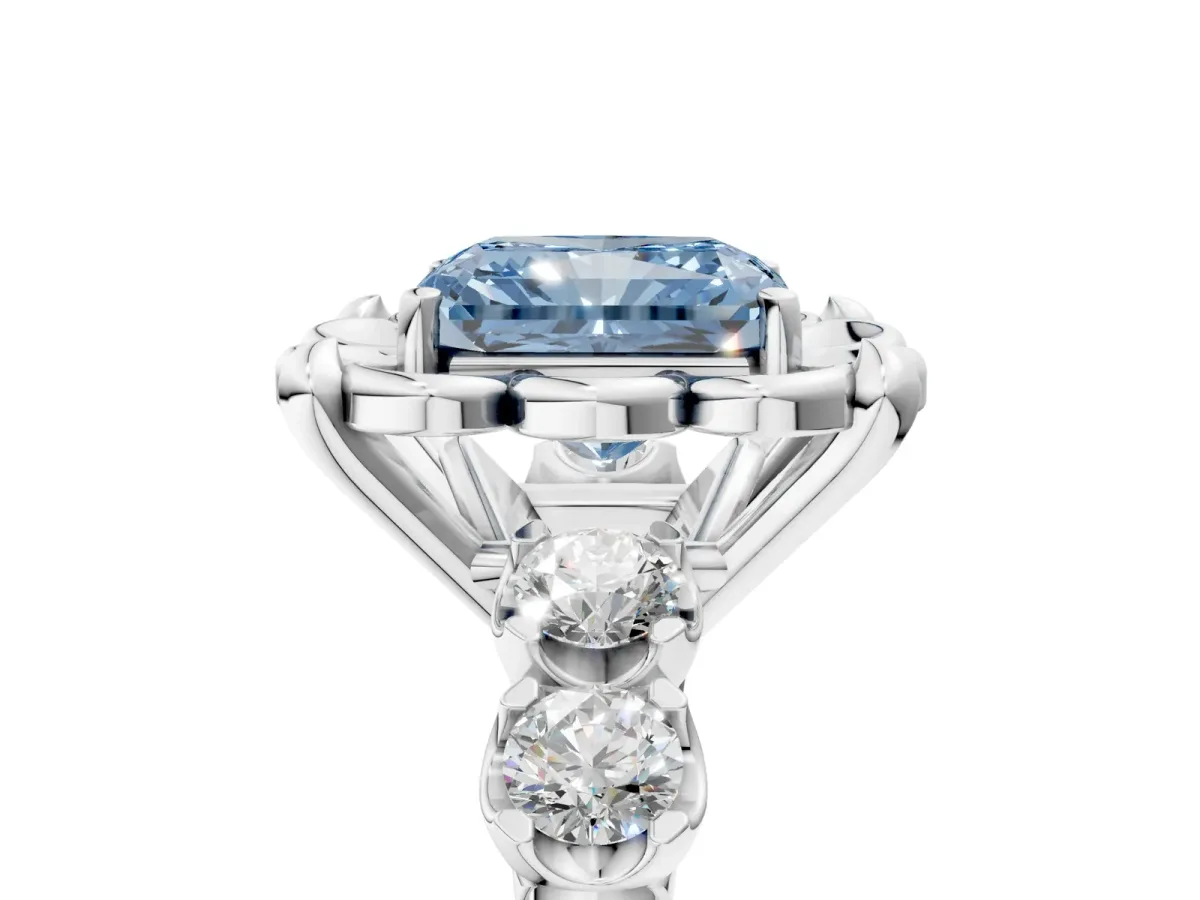 Fancy Blue Radiant Cut Cut Diamond Floral Halo Engagement Ring with Shared Prong Setting Silver