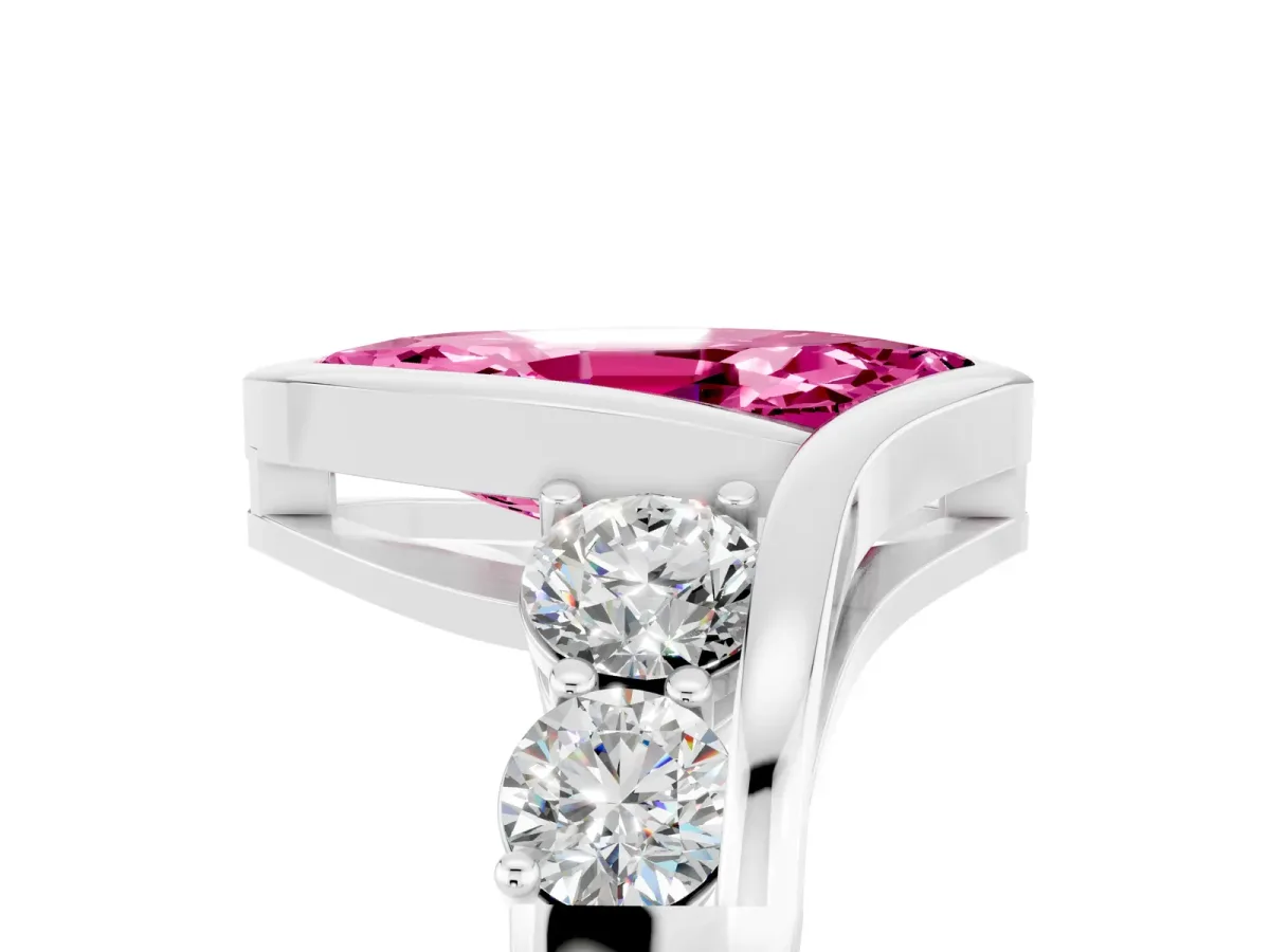 Bezel Set Marquise Cut Pink Sapphire Bypass Ring with Round Accents Silver