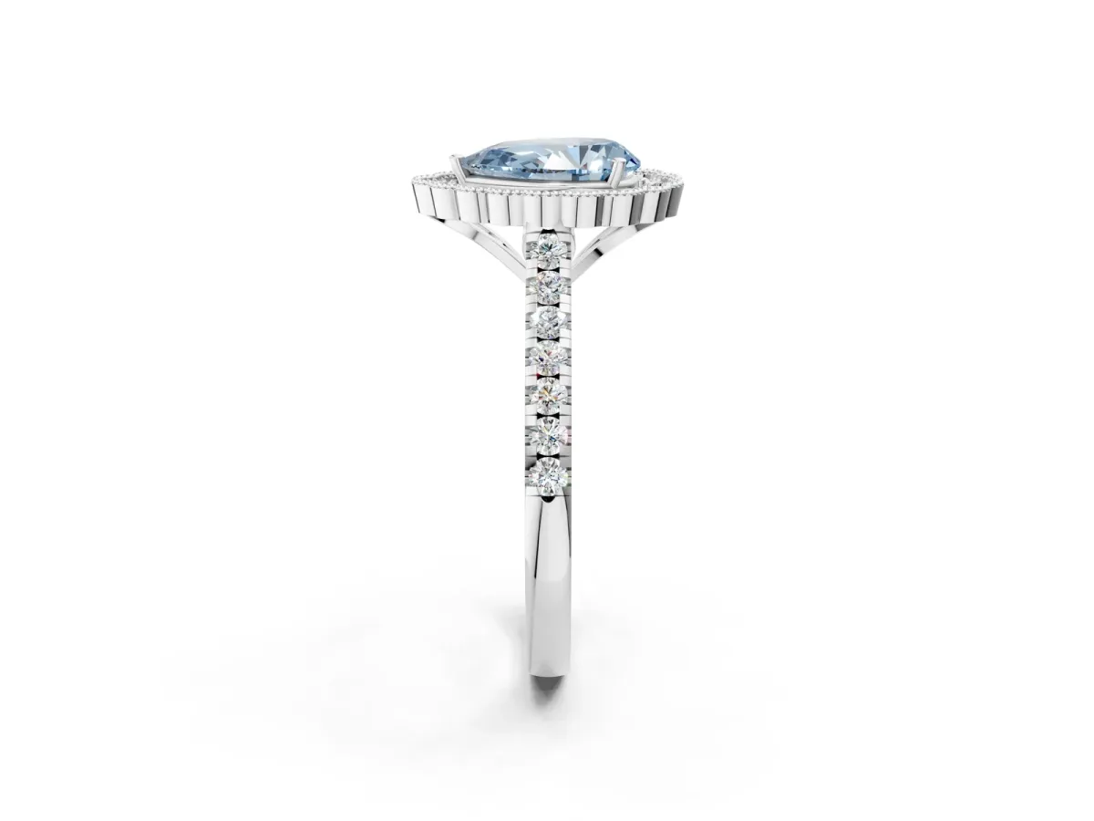 Fancy Blue Pear Cut Cut Diamond Milgrain Floral Halo Engagement Ring with Pavé Band Silver