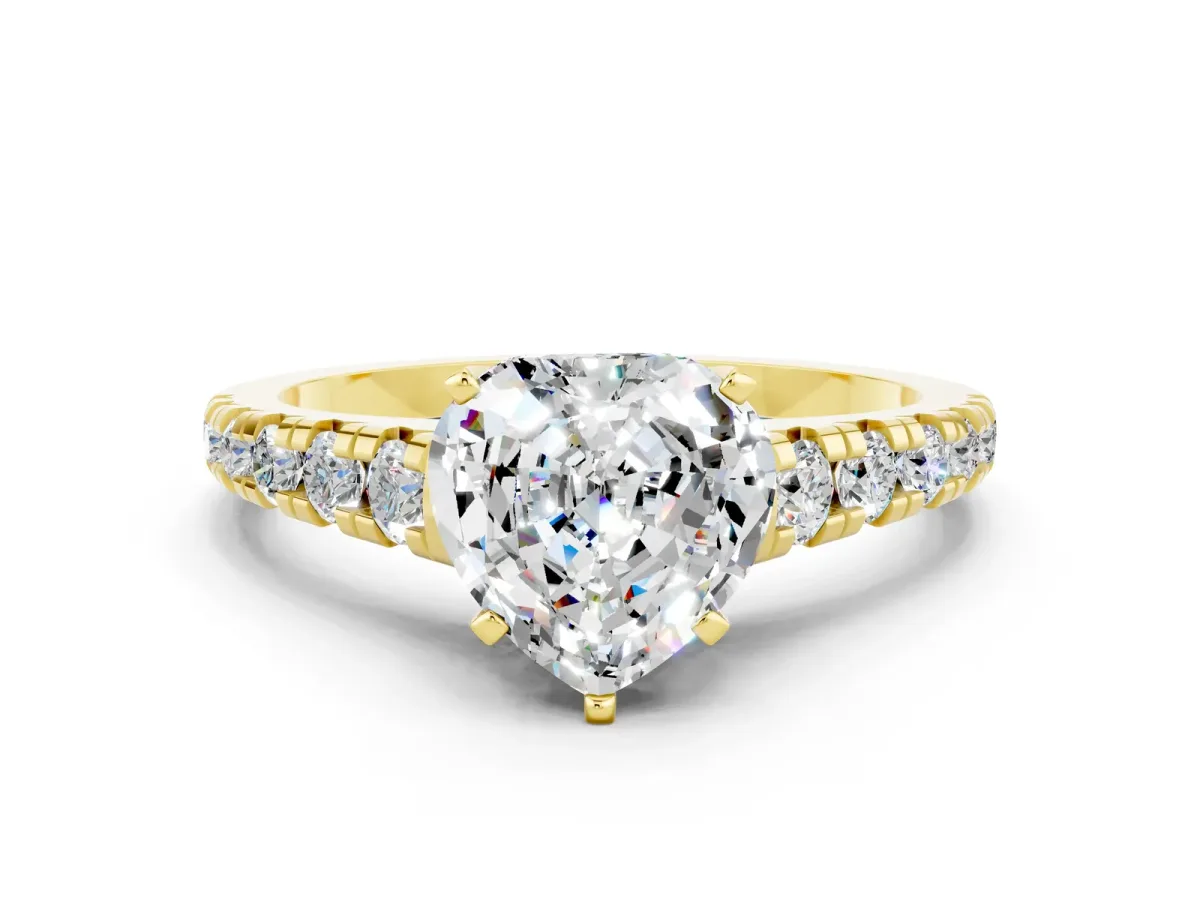 Heart Cut Moissanite Cathedral Solitaire Ring with Round Pavé Band Yellow gold
