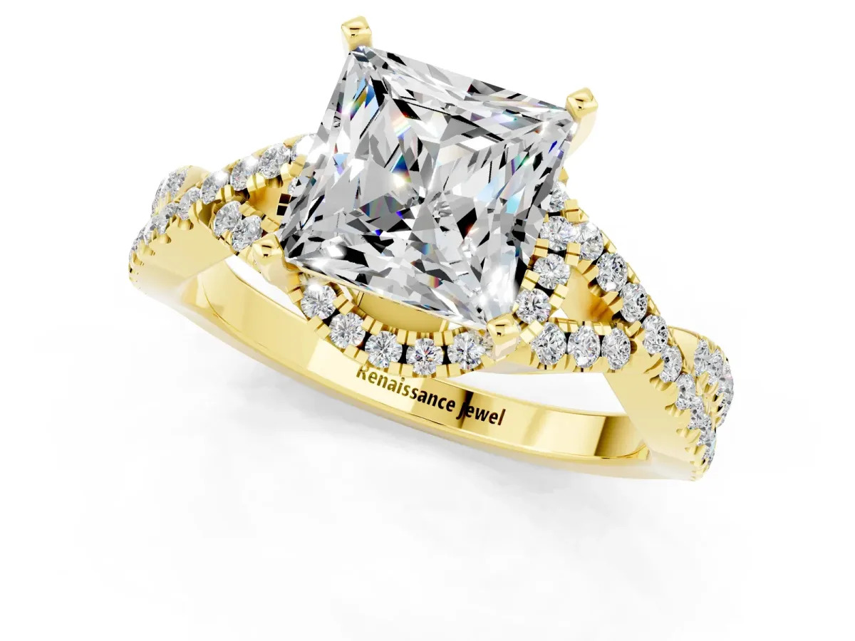 Princess Cut Moissanite Halo Twist Band Solitaire Prong Setting Ring Yellow gold