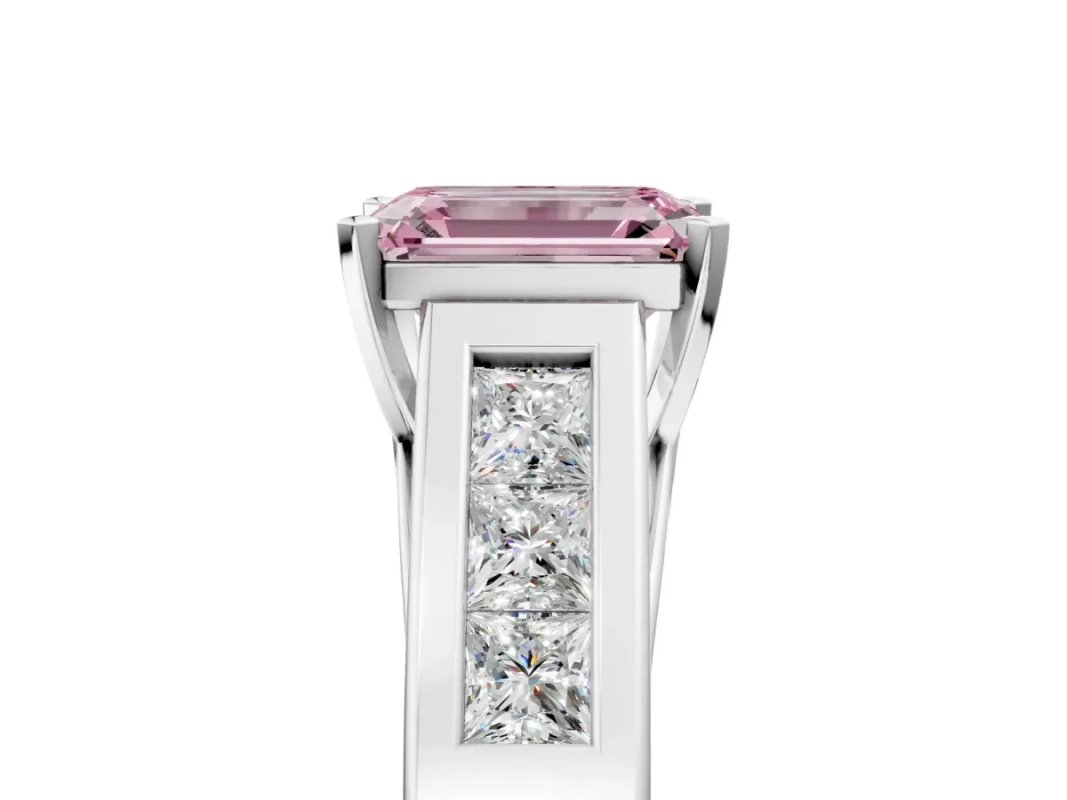Fancy Pink Emerald Cut Cut Channel Set Solitaire Ring with Four-Prong Setting White gold