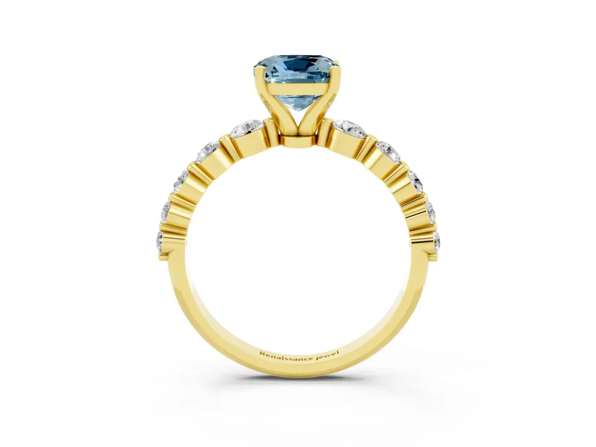 Cushion Cut Solitaire Aquamarine Ring with Pave Band and Four-Prong Setting Yellow gold