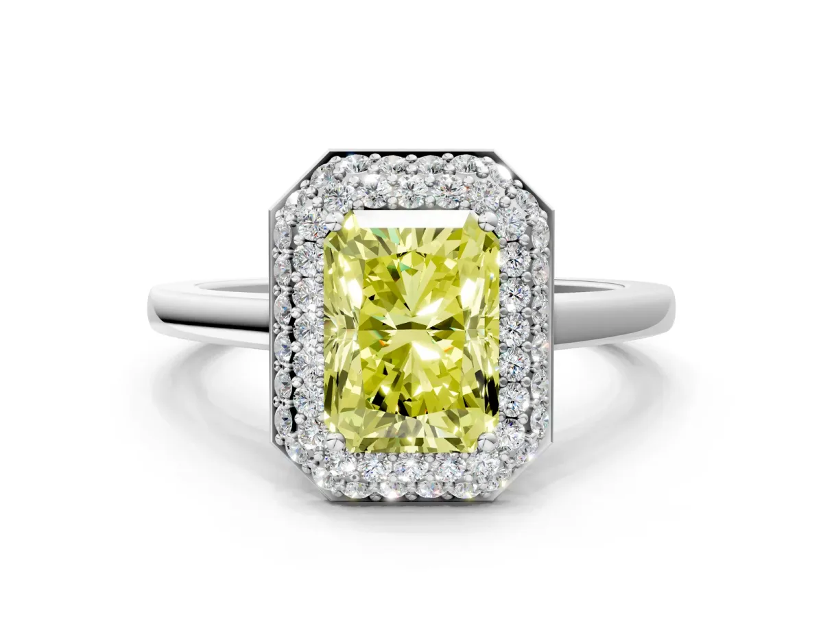 Fancy Yellow Radiant Cut Halo Diamond Engagement Ring with Solitaire Band and Four-Prong Setting Platinum