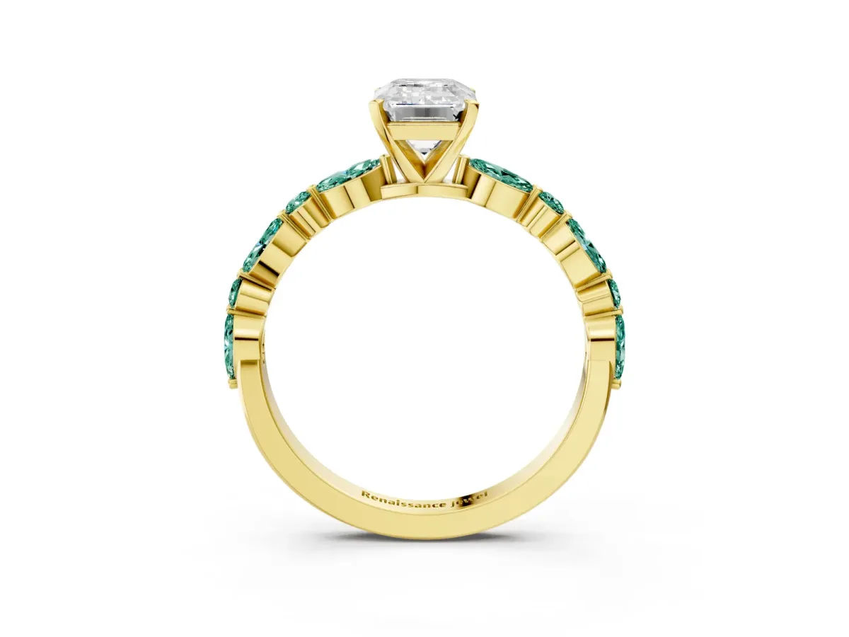 Emerald Cut Diamond Ring with Marquise and Round Green Sapphire Side Stones and Four-Prong Setting Yellow gold