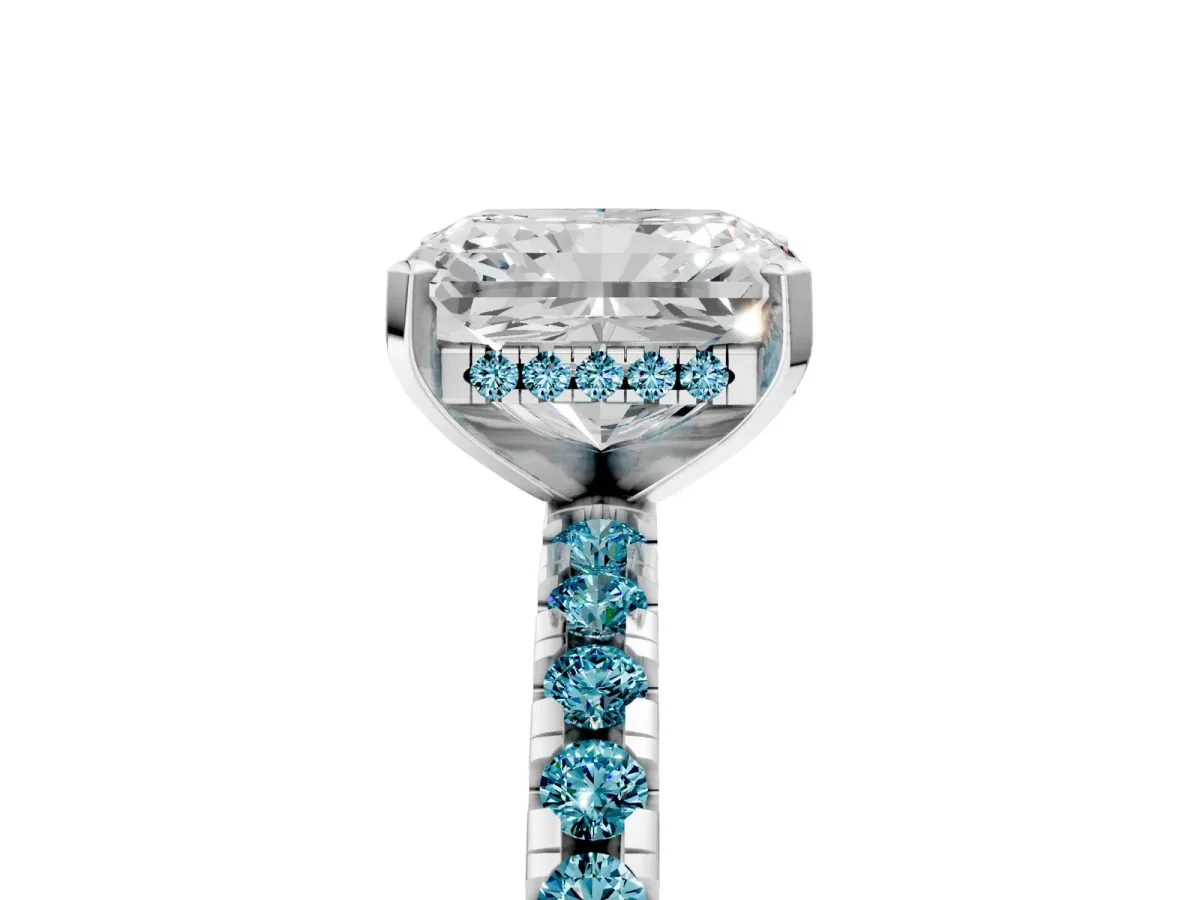 Radiant Cut Diamond Solitaire Ring with Round Blue Topaz Pavé Band and Four-Prong Setting White gold