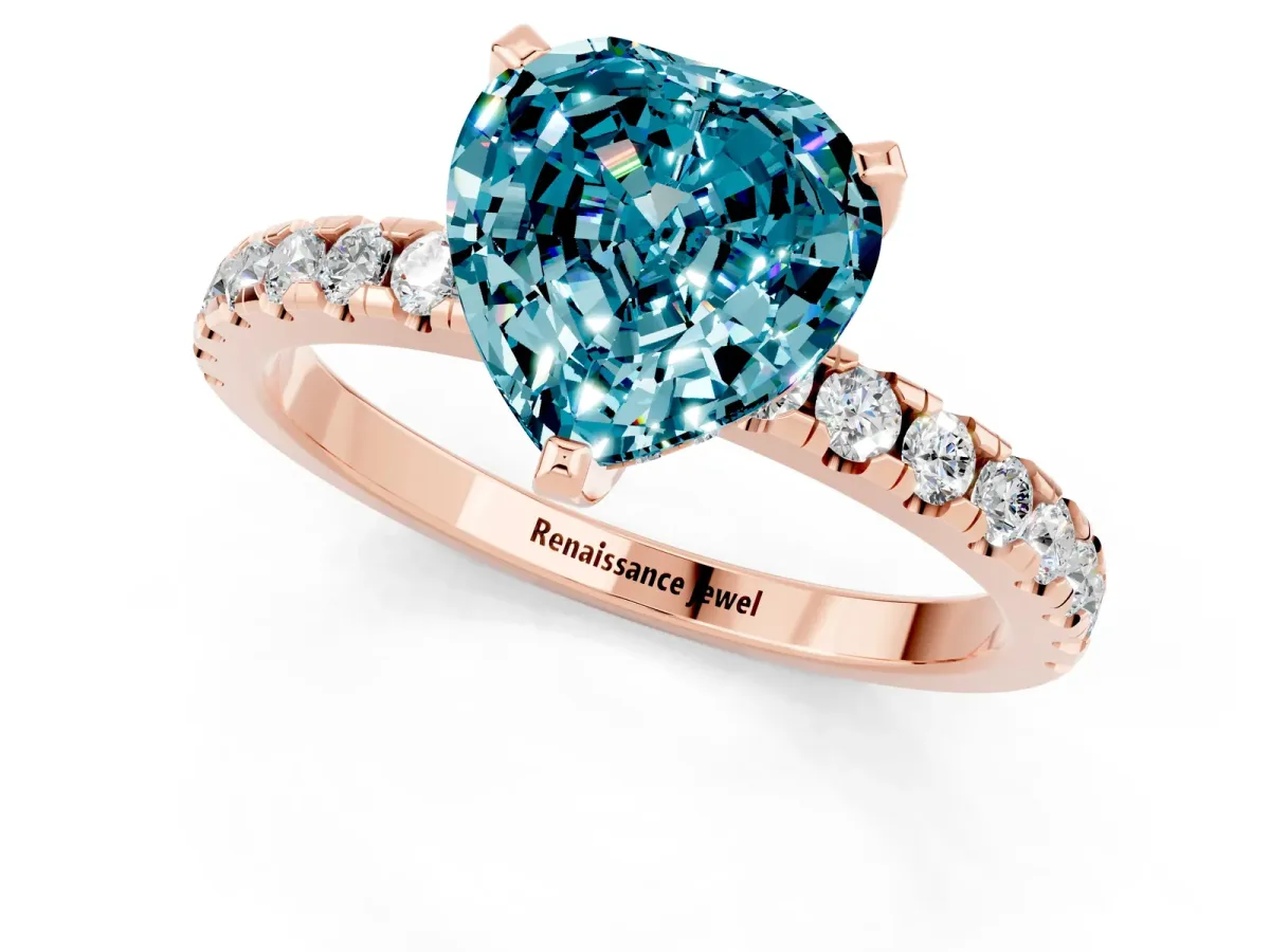 Heart Cut Blue Topaz Solitaire Ring with Round Pavé Band and Four-Prong Setting Rose gold