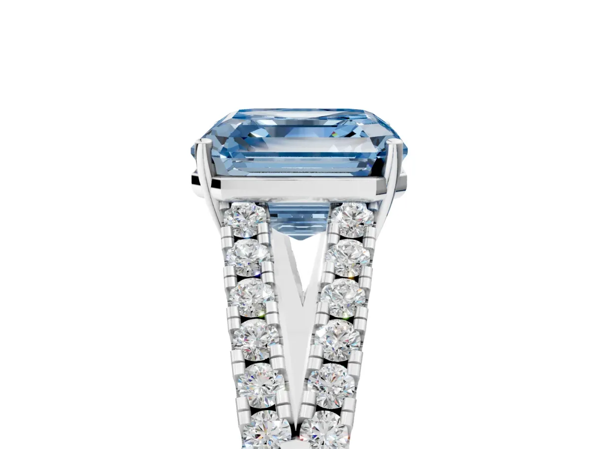 Fancy Blue Asscher Cut Diamond Split Shank Engagement Ring with Round Pavé and Prong Setting Platinum