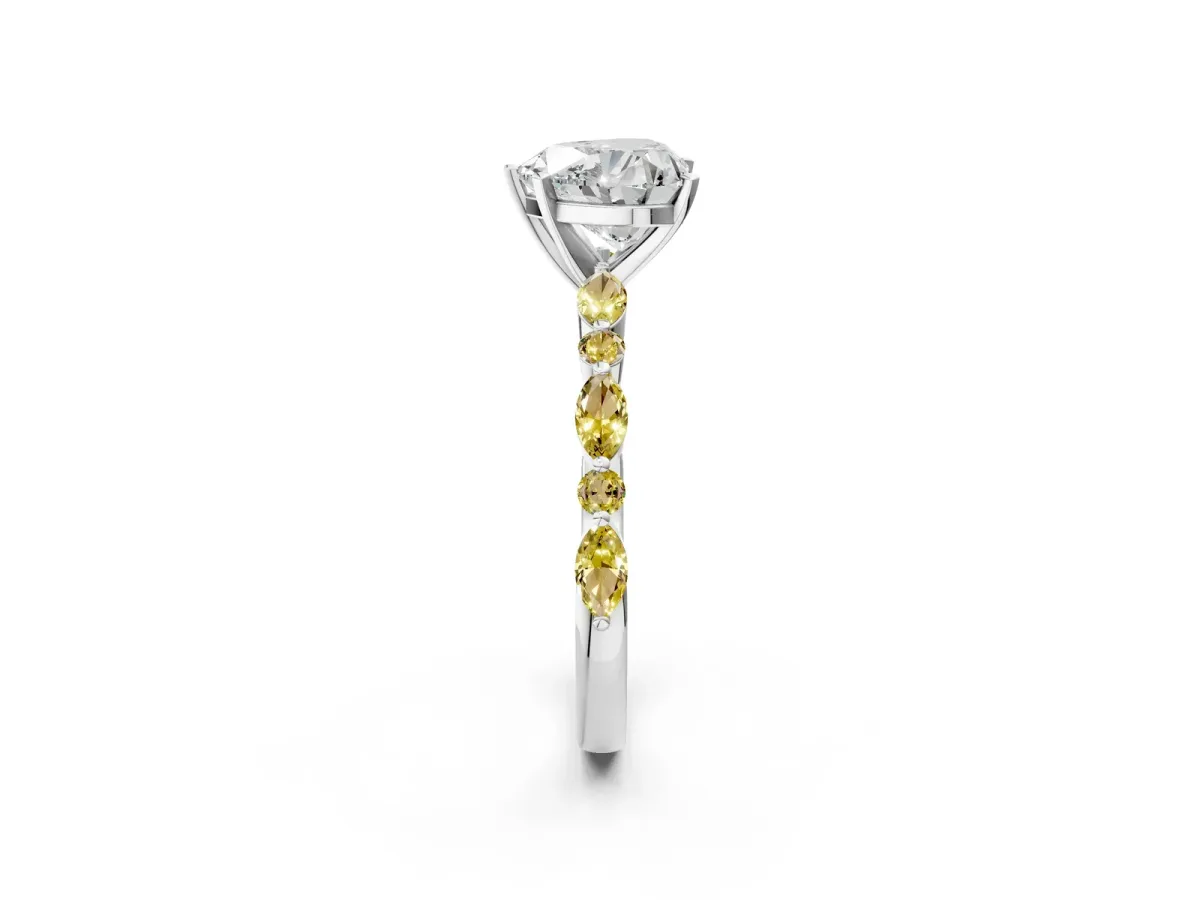 Heart Cut Diamond Ring with Marquise and Round Yellow Sapphire Side Stones and Four-Prong Setting Platinum