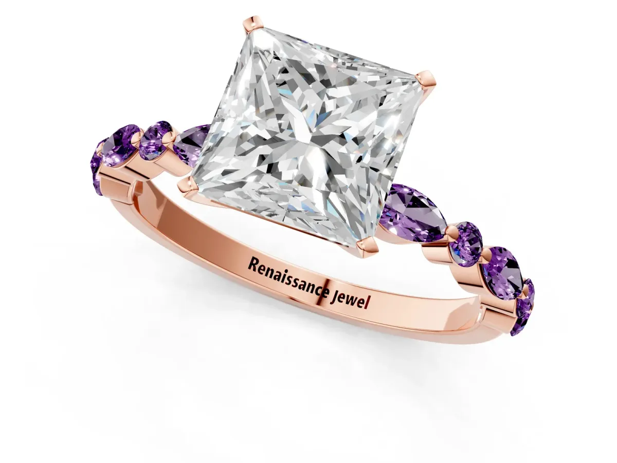 Princess Cut Diamond Ring with Marquise and Round Amethyst Side Stones and Four-Prong Setting Rose gold