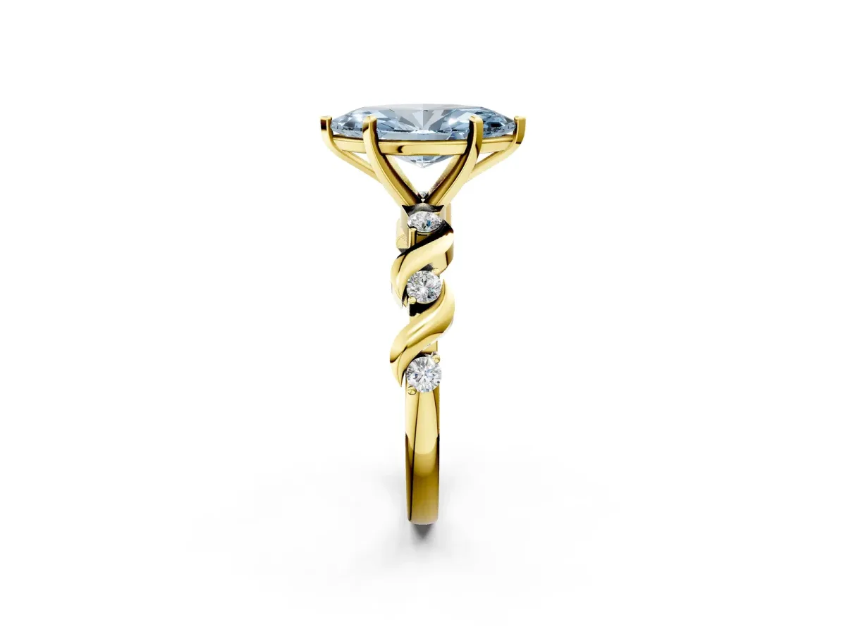 Fancy Blue Marquise Cut Diamond Solitaire Twisted Band with Round Accents and Prong Setting Yellow gold