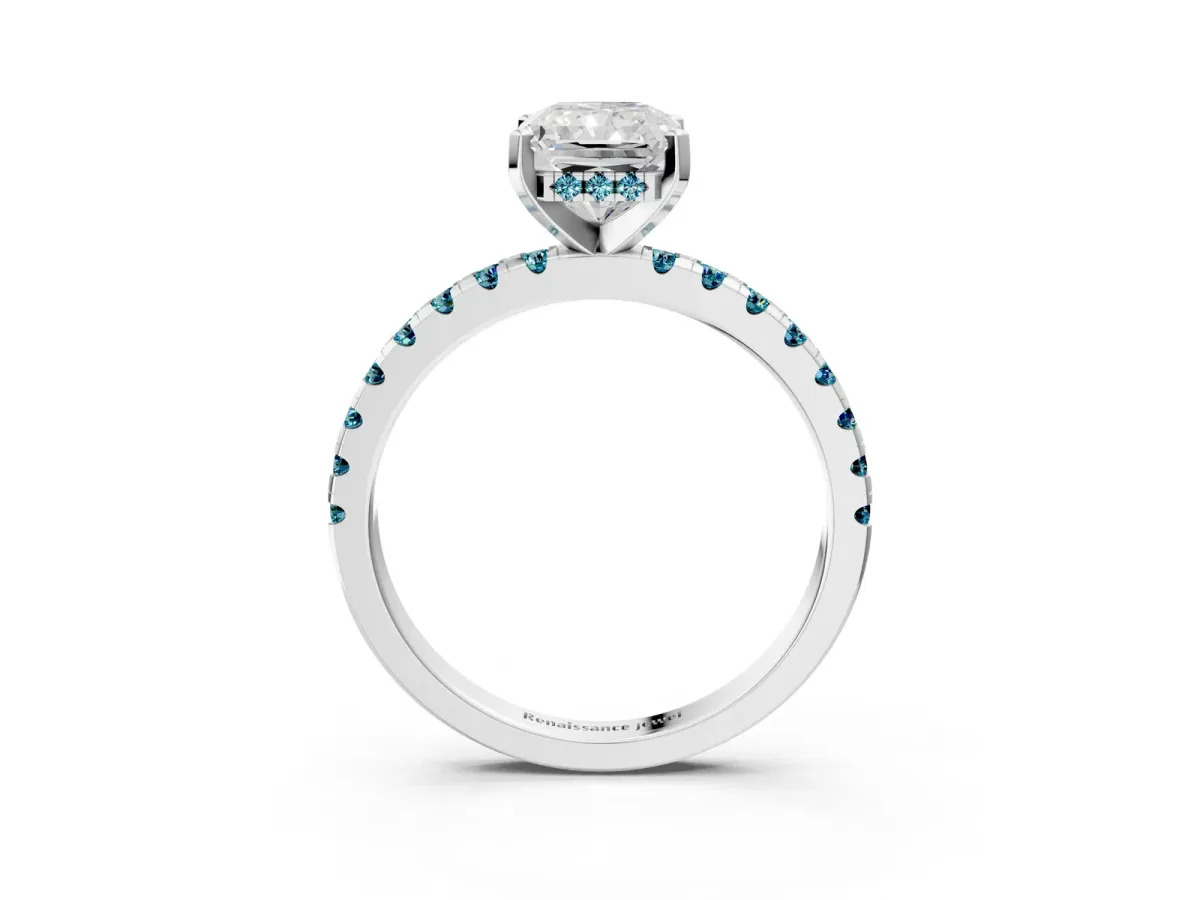Radiant Cut Diamond Solitaire Ring with Round Blue Topaz Pavé Band and Four-Prong Setting White gold