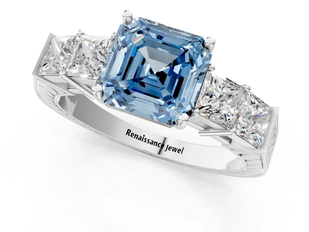 Fancy Blue Asscher Cut Solitaire Princess Side Stone Engraved Band Prong Setting Ring Silver