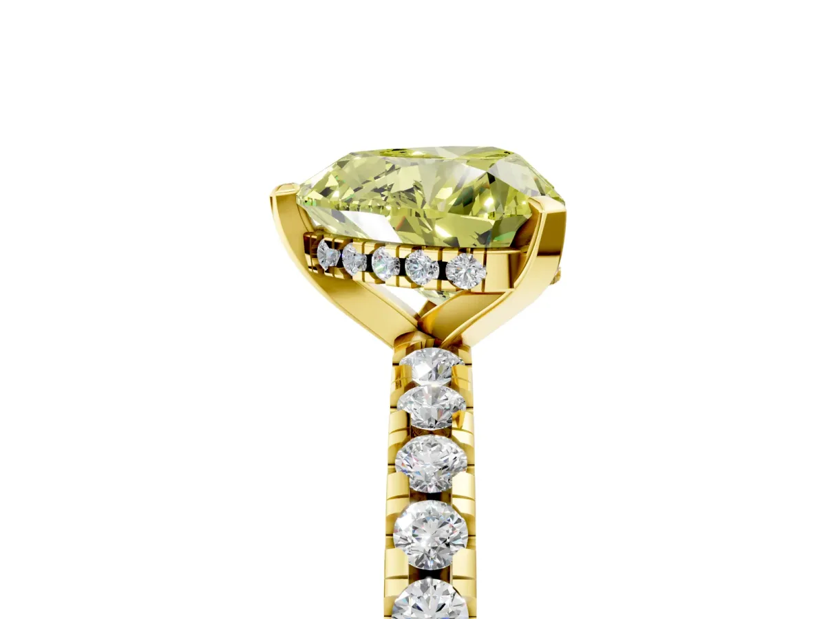 Fancy Yellow Heart Cut Diamond Solitaire Ring with Round Pavé Band and Four-Prong Setting Yellow gold