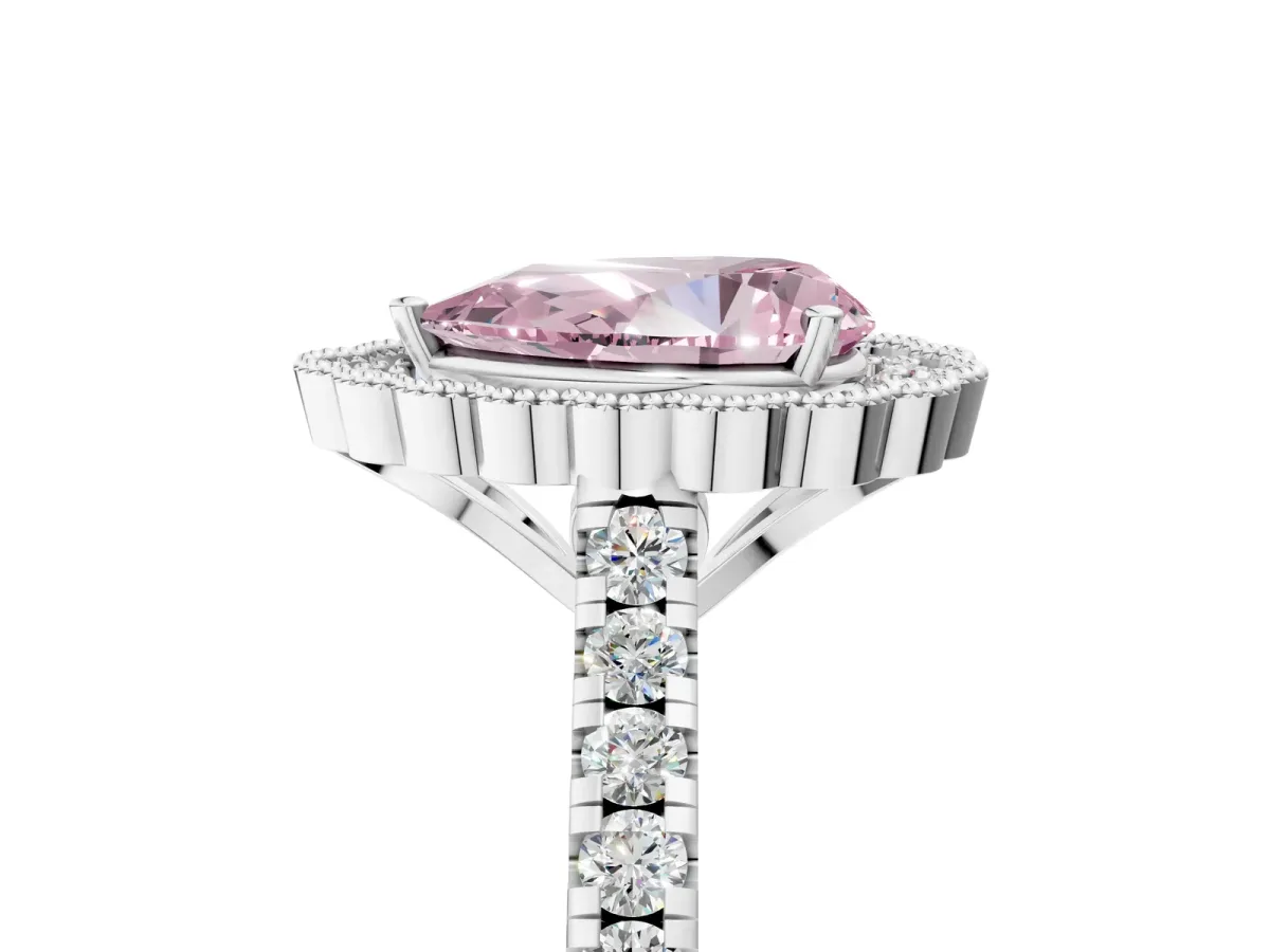 Fancy Pink Pear Cut Cut Diamond Milgrain Floral Halo Engagement Ring with Pavé Band Silver