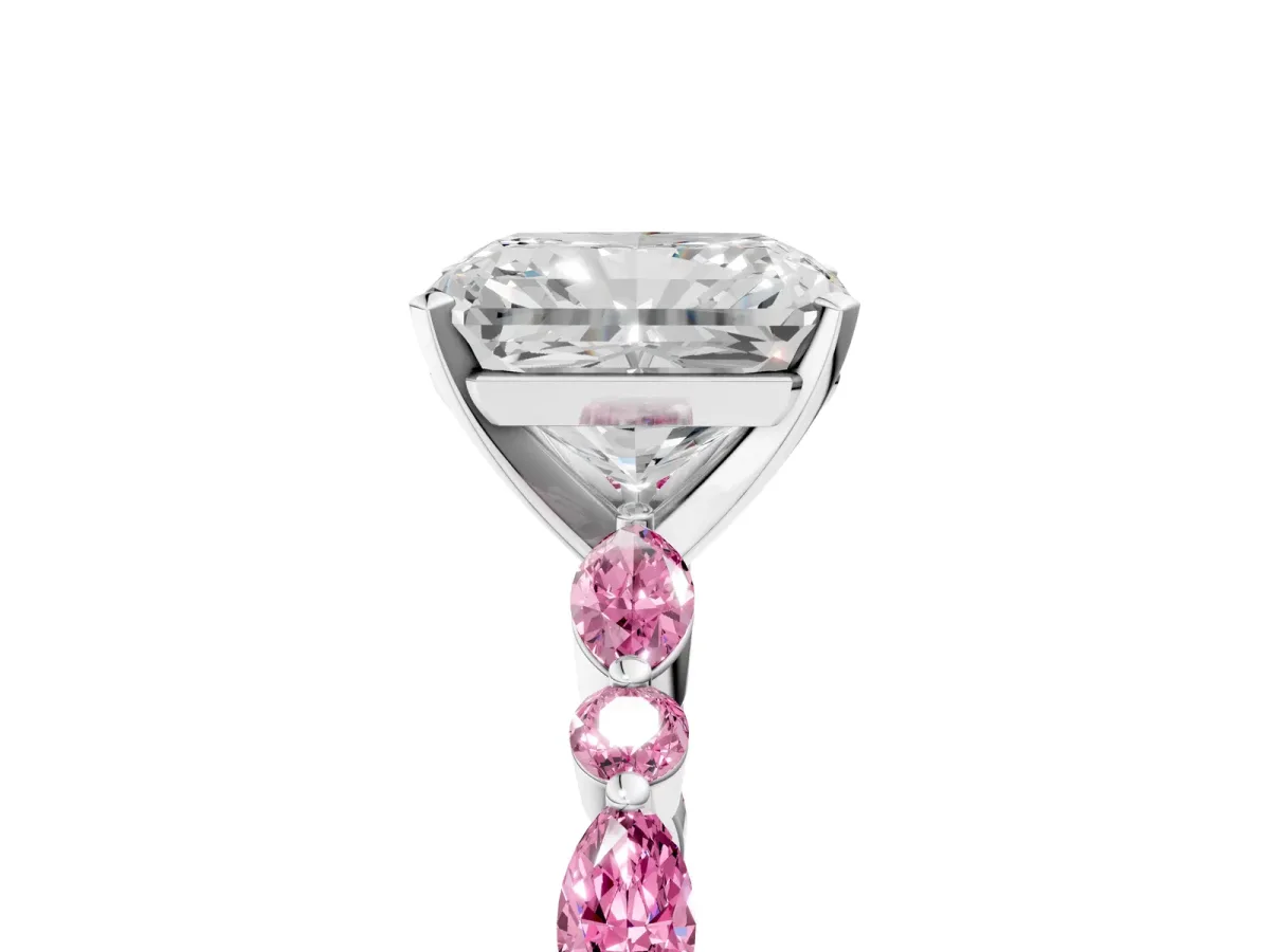 Radiant Cut Diamond Ring with Marquise and Round Pink Sapphire Side Stones and Four-Prong Setting Platinum