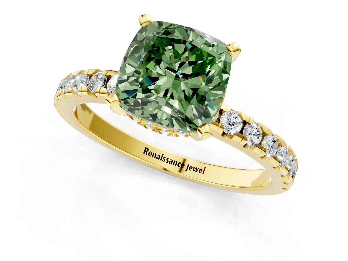 Fancy Green Cushion Cut Diamond Solitaire Ring with Round Pavé Band and Four-Prong Setting Yellow gold