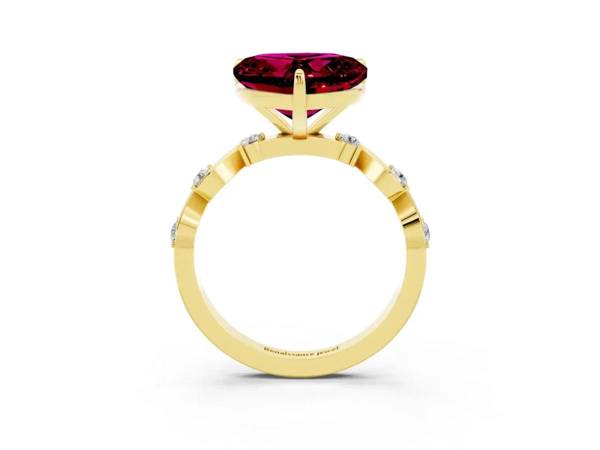Heart Cut Garnet Solitaire Twisted Band with Round Accents and Prong Setting Yellow gold