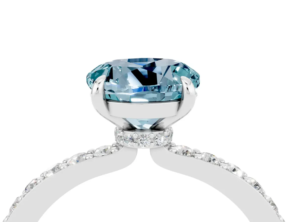 Round Cut Aquamarine Solitaire Engagement Ring with Pavé Band and Four-Prong Setting White gold