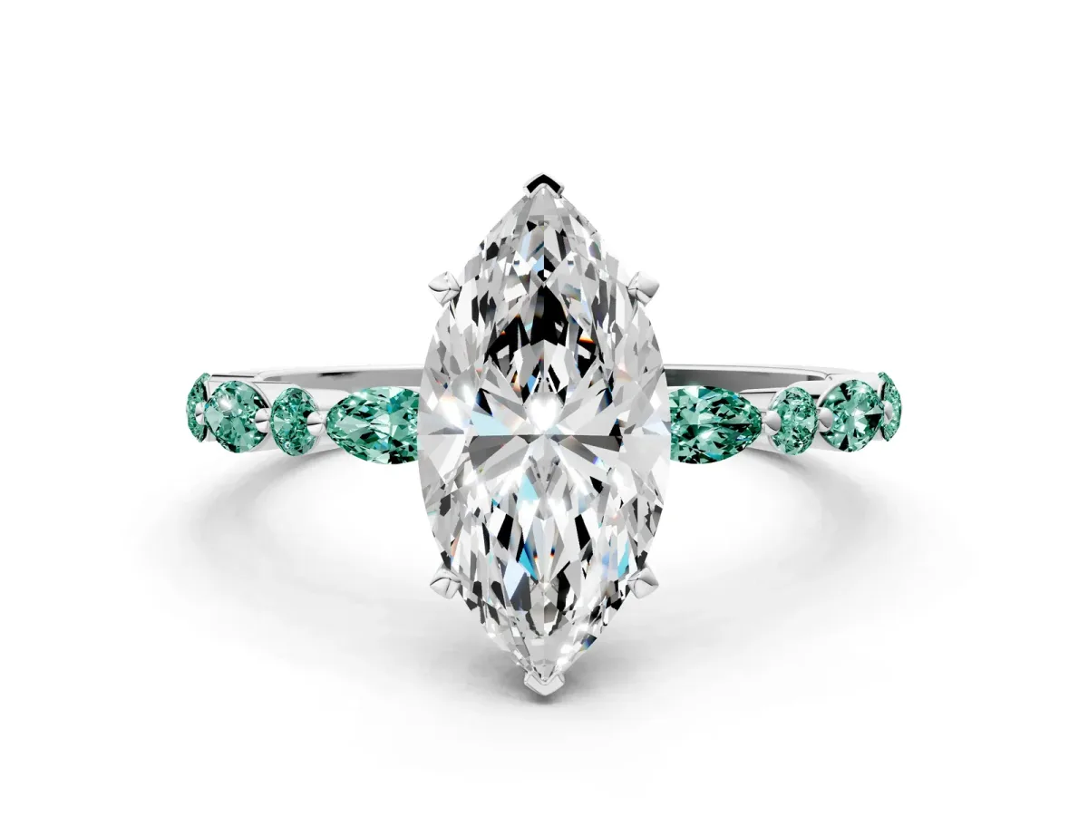 Marquise Cut Diamond Ring with Marquise and Round Green Sapphire Side Stones and Four-Prong Setting Platinum