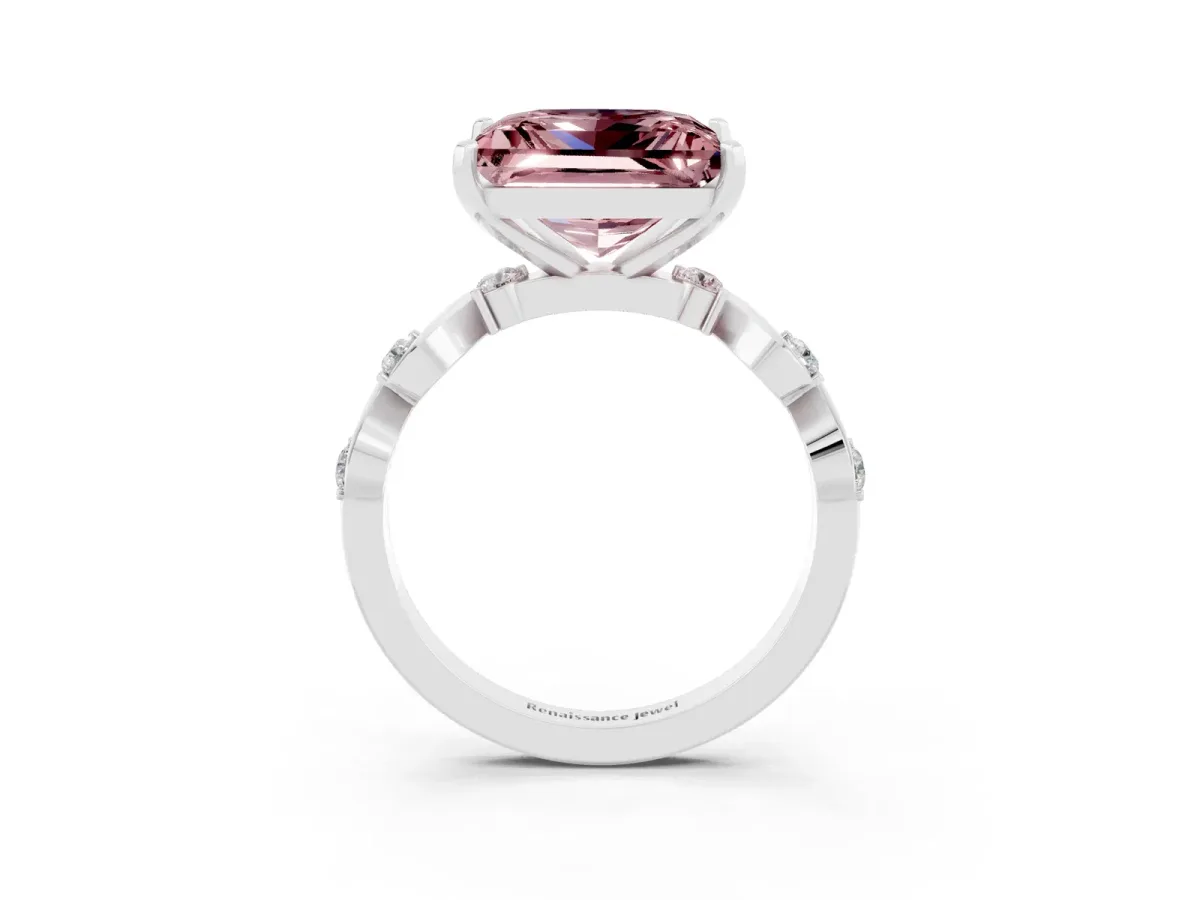 Princess Cut Morganite Solitaire Twisted Band with Round Accents and Prong Setting White gold
