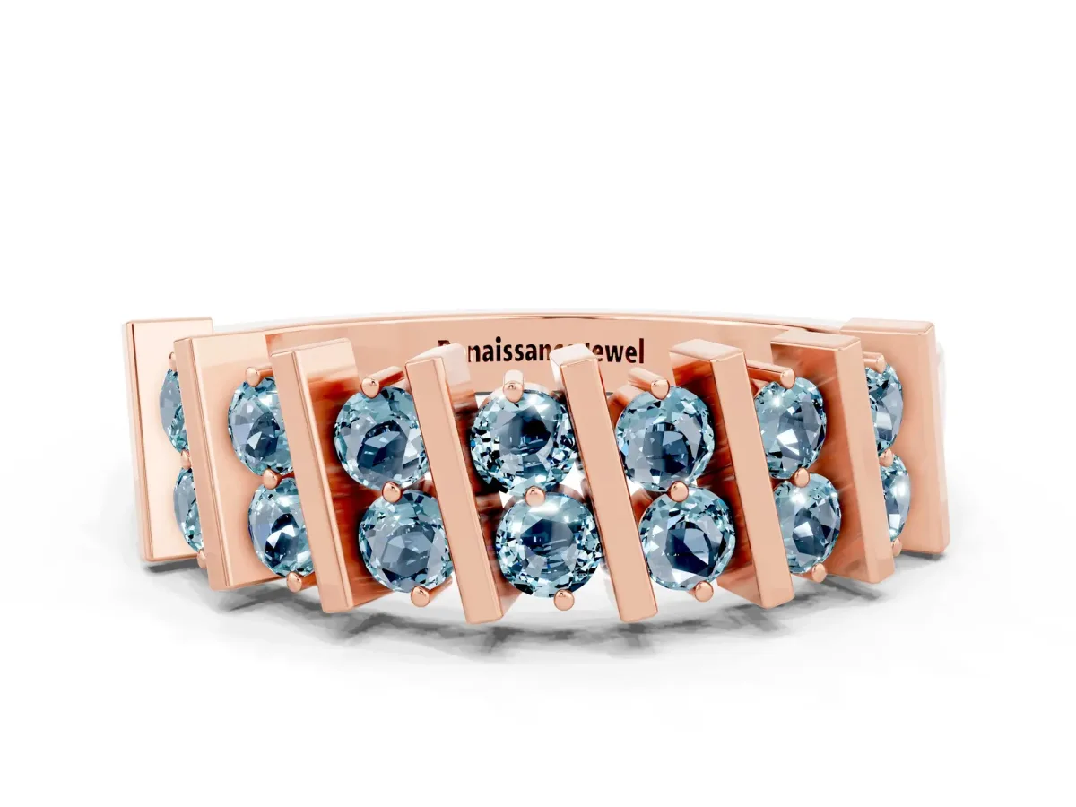 Channel Set Round Aquamarine Anniversary Band with Vertical Prongs Rose gold