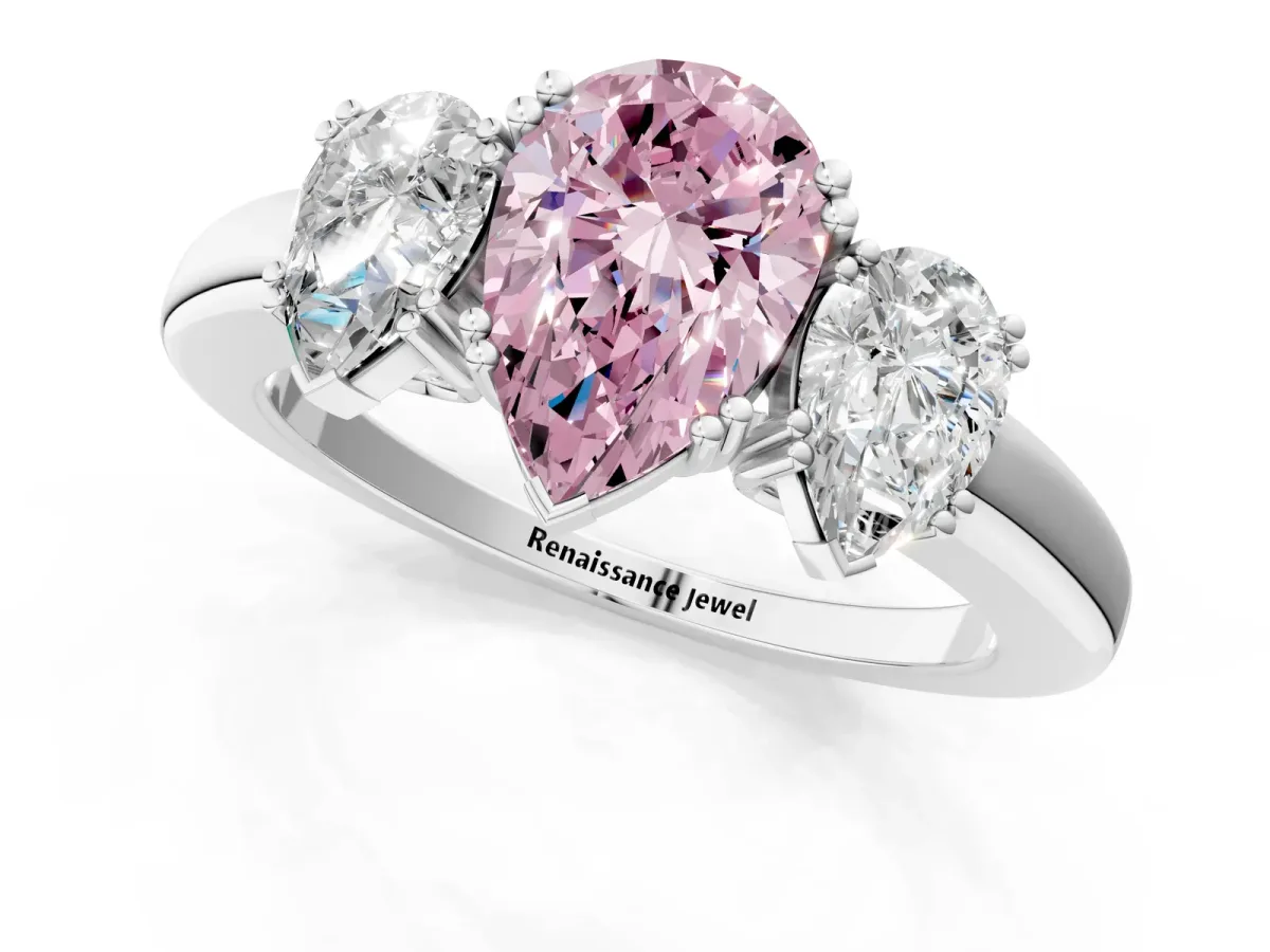 Fancy Pink Three-Stone Pear Cut Cut Diamond Ring with Channel Set Band and Four-Prong Setting Silver