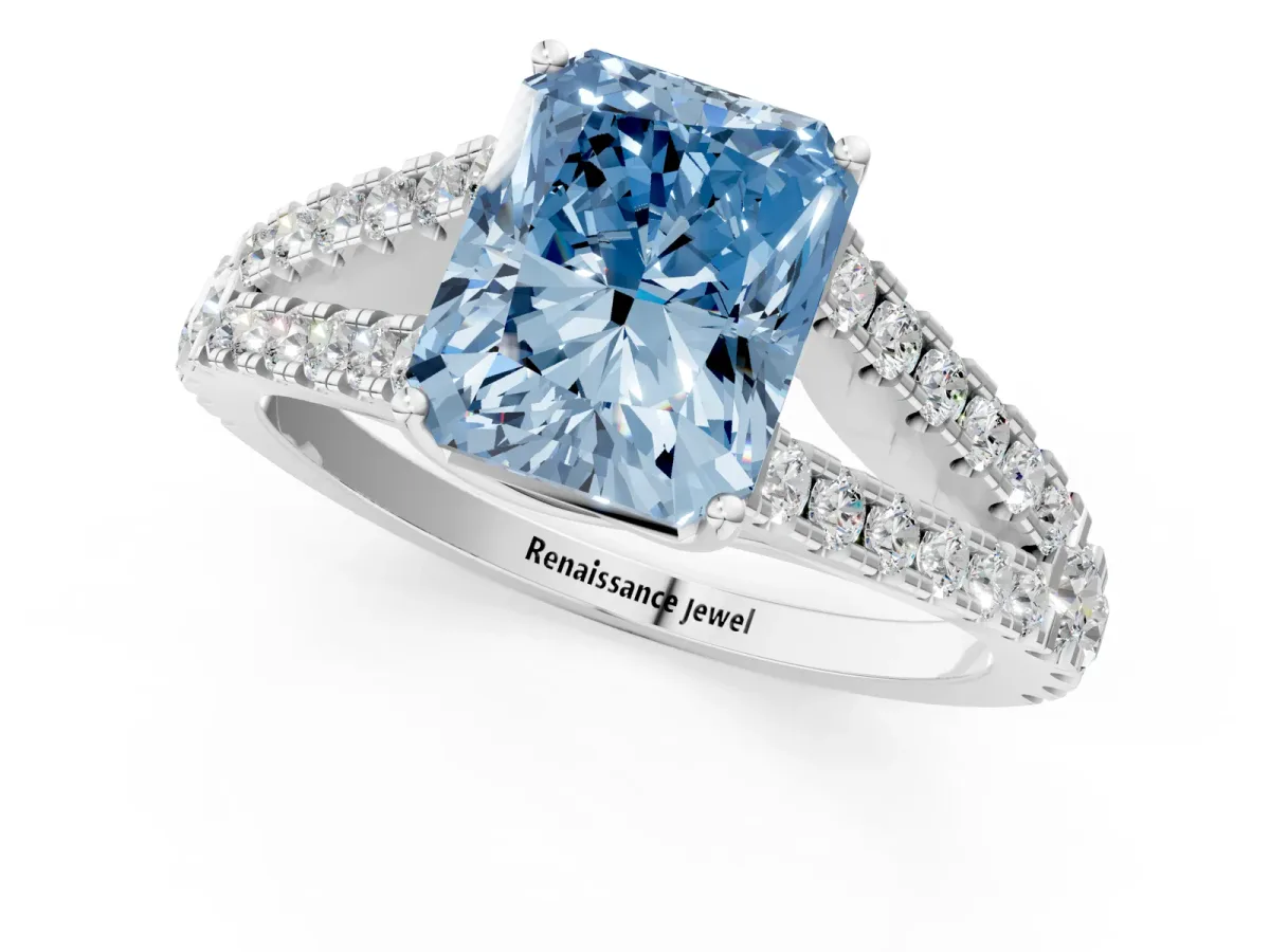 Fancy Blue Radiant Cut Diamond Split Shank Engagement Ring with Round Pavé and Prong Setting Platinum
