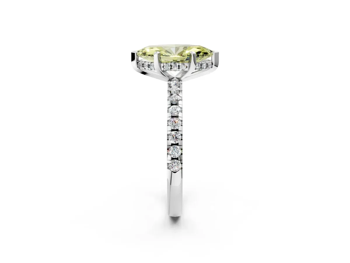 Fancy Yellow Marquise Cut Diamond Solitaire Ring with Round Pavé Band and Four-Prong Setting White gold