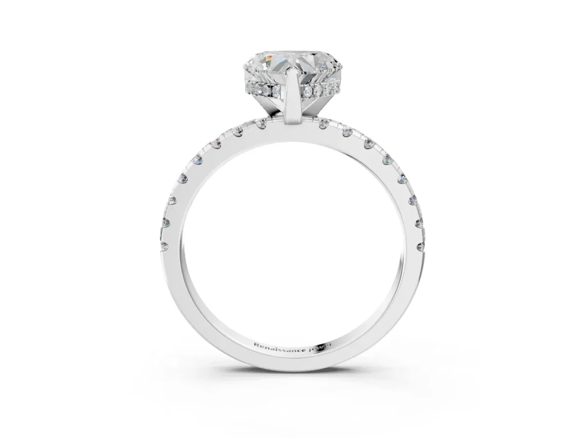 Heart Cut Diamond Solitaire Ring with Round Pavé Band and Four-Prong Setting Platinum