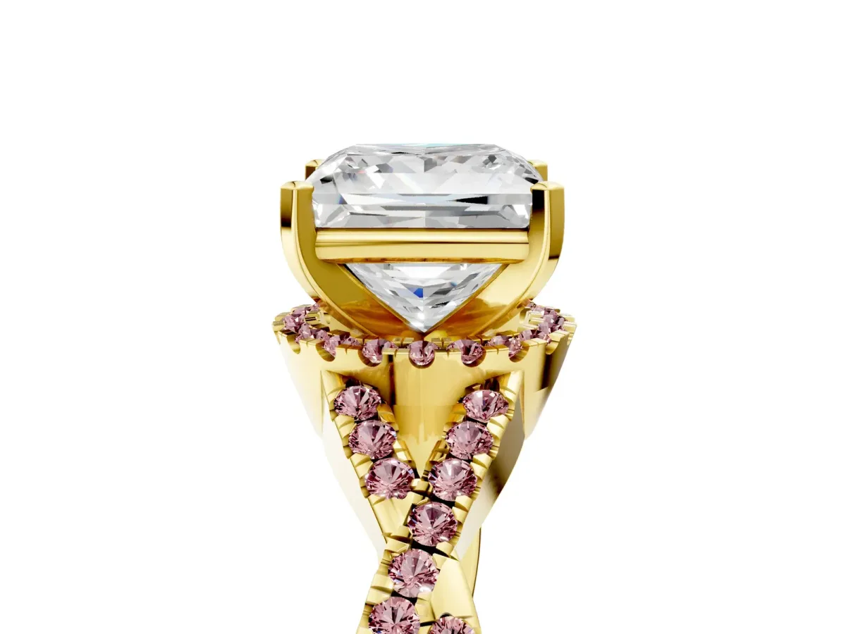Princess Cut Diamond Morganite Halo Twist Band Solitaire Prong Setting Ring Yellow gold