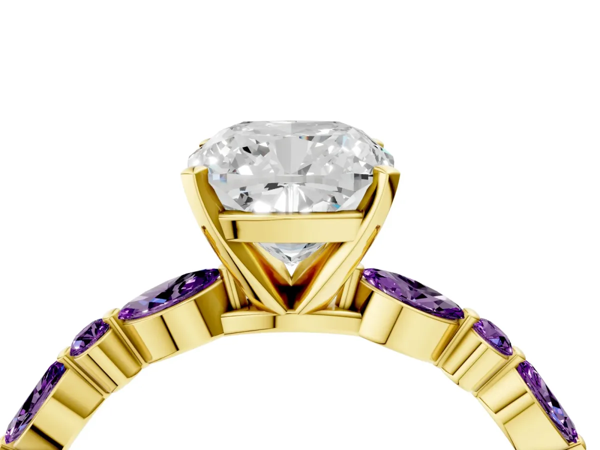 Cushion Cut Diamond Ring with Marquise and Round Amethyst Side Stones and Four-Prong Setting Yellow gold