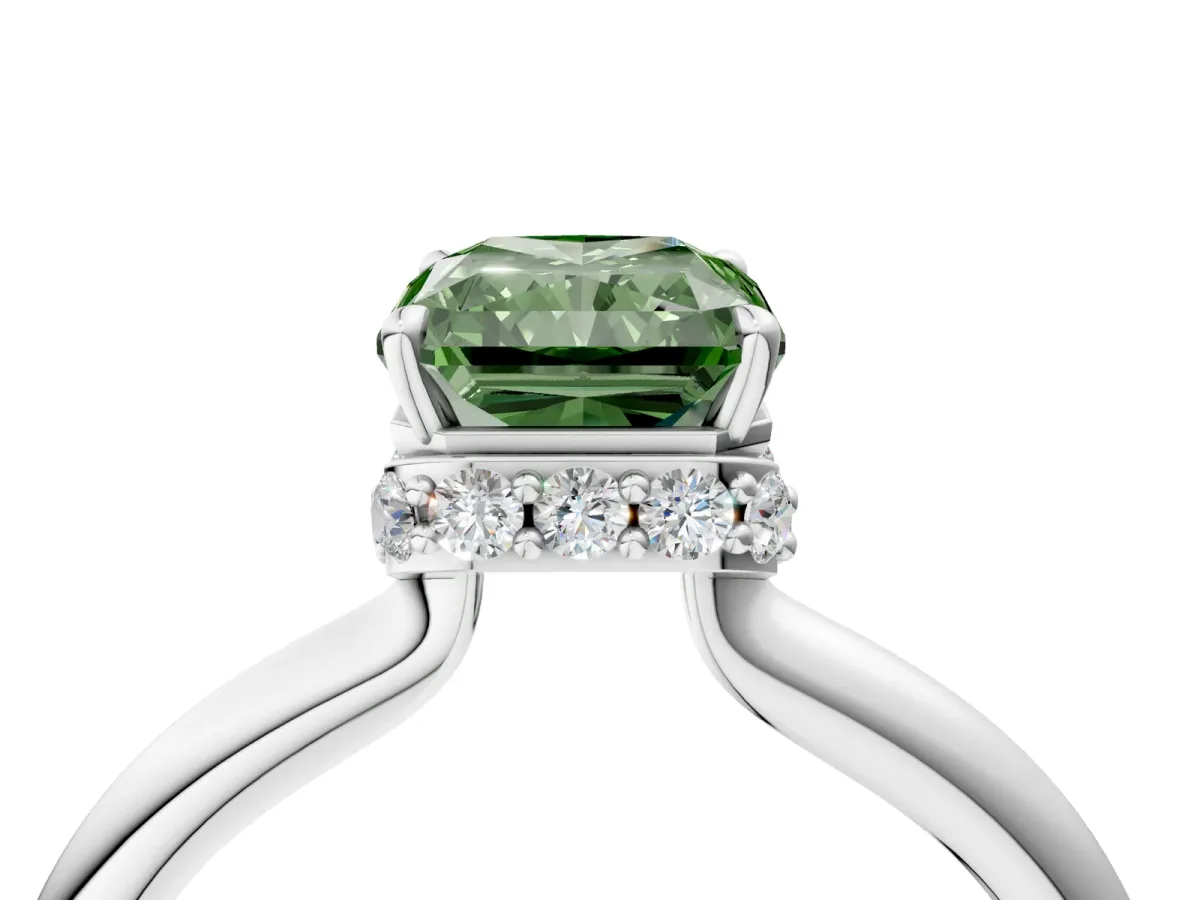 Fancy Green Radiant Cut Brilliant Solitaire Engagement Ring with Six-Prong Setting and Classic Band Platinum