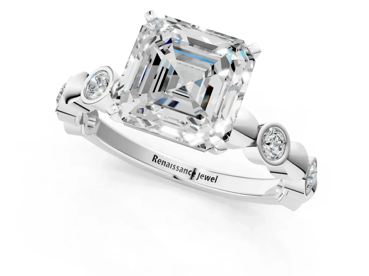 Asscher Cut Solitaire Bezel-Set Diamond Ring with Beaded Band and Four-Prong Setting Platinum