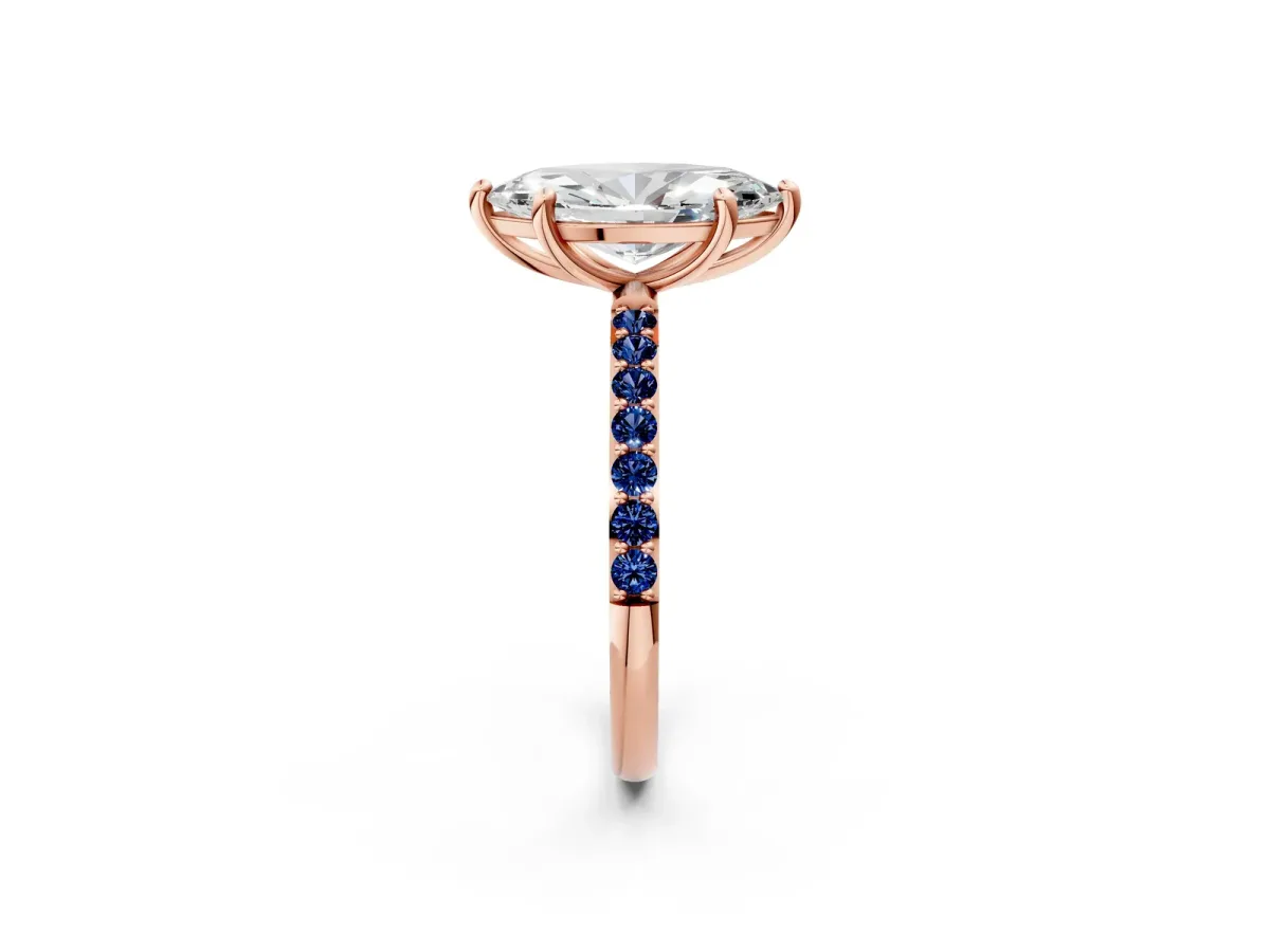 Marquise Cut Diamond Solitaire Ring with Round Blue Sapphire Pavé Band and Prong Setting Rose gold