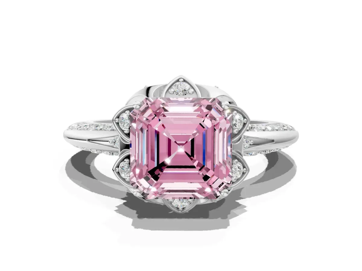 Fancy Pink Asscher Cut Halo Split Shank Pave Diamond Ring with Petal Prong Setting Platinum
