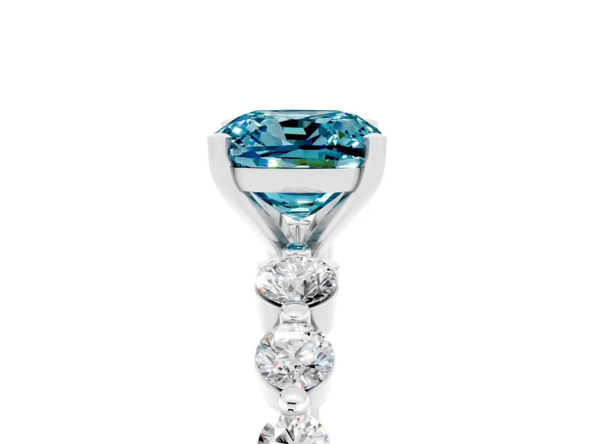Cushion Cut Solitaire Blue Topaz Ring with Pave Band and Four-Prong Setting Silver