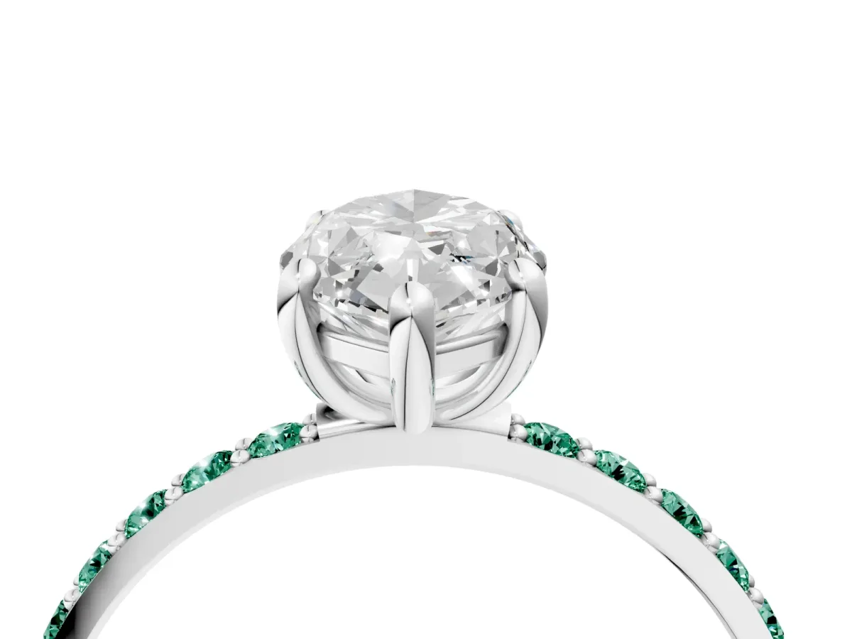 Marquise Cut Diamond Solitaire Ring with Round Green Sapphire Pavé Band and Prong Setting White gold