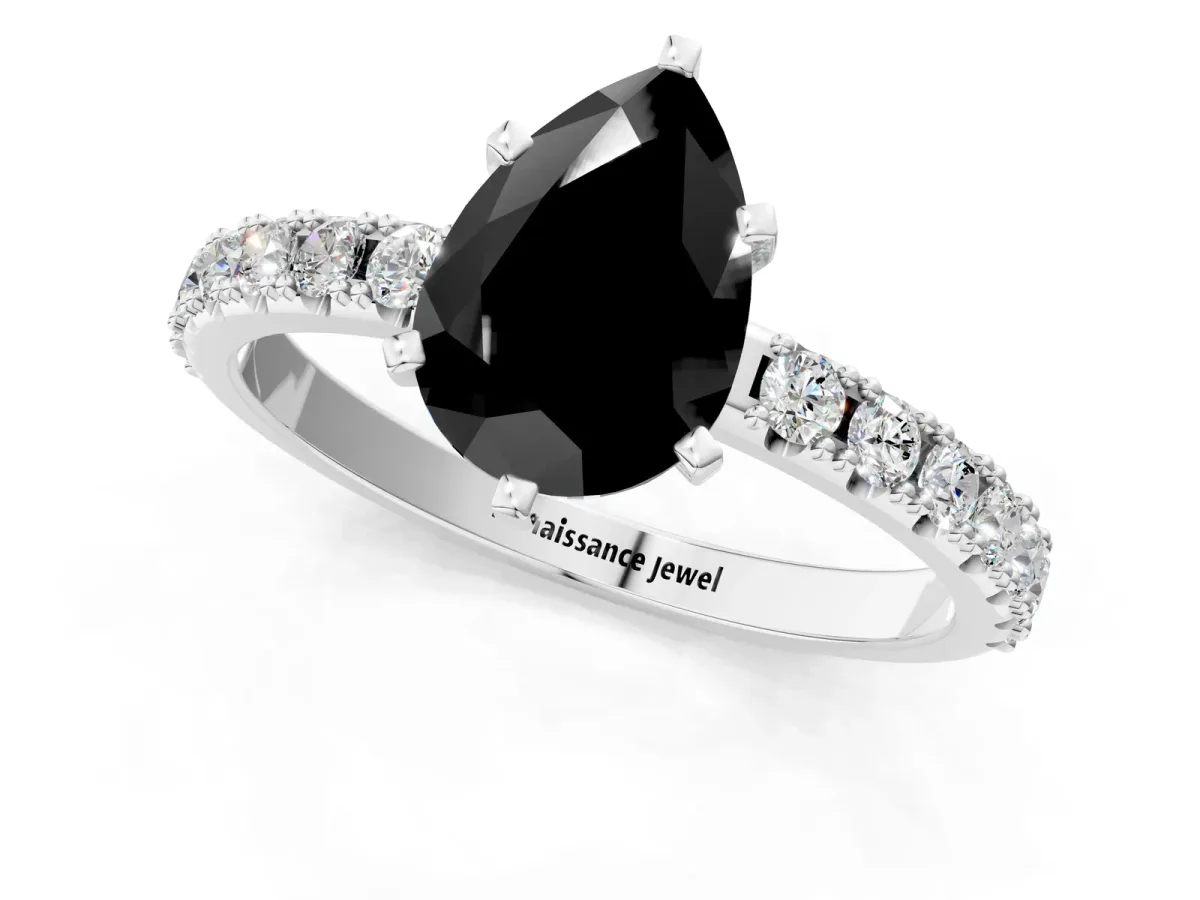 Fancy Black Pear Cut Diamond Solitaire Pavé Band with Four-Prong Setting Platinum
