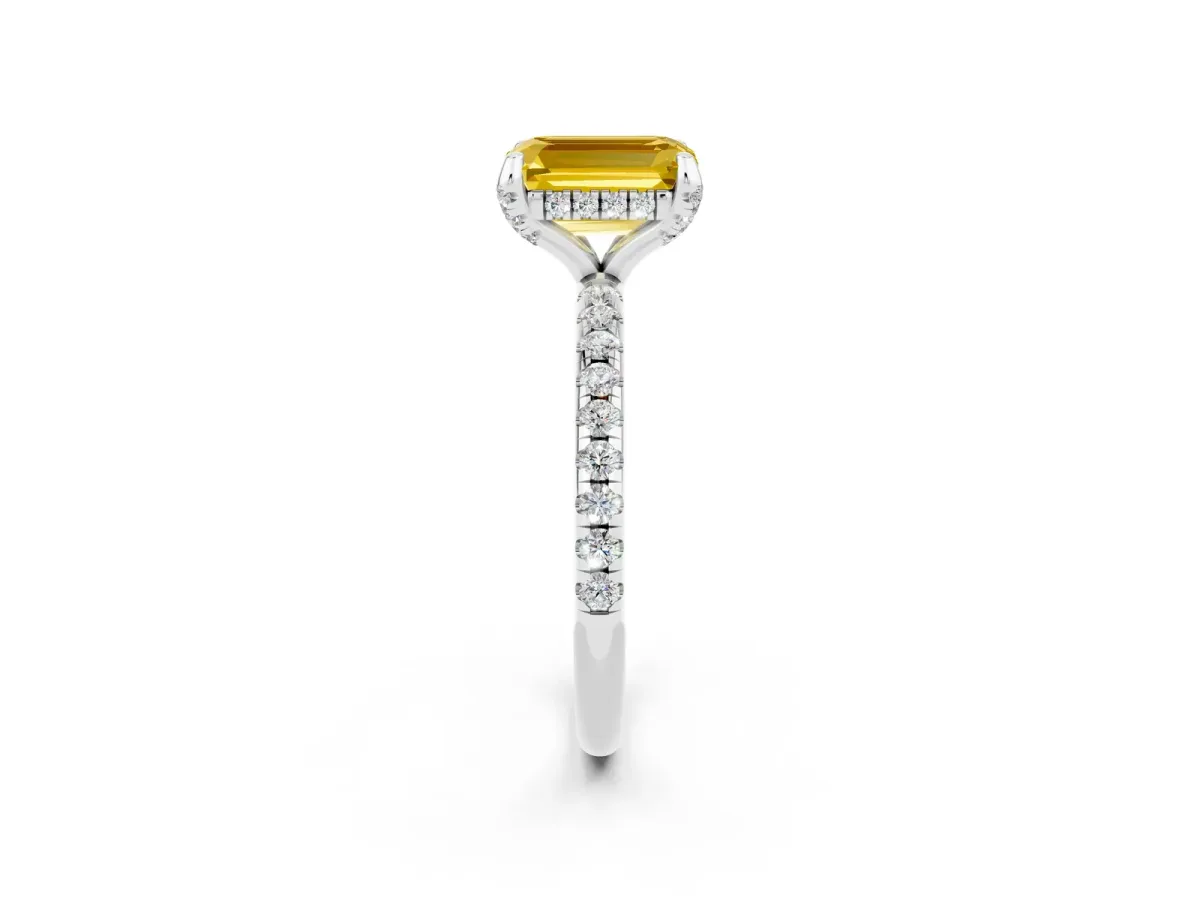 Emerald Cut Yellow Sapphire Hidden Halo Engagement Ring with Round Pavé Band and Prong Setting Silver