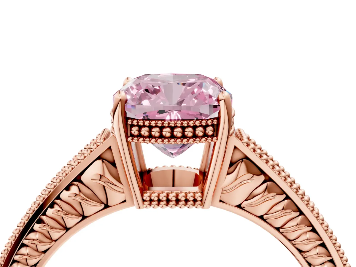 Fancy Pink Cushion Cut Diamond Engagement Ring with Milgrain Channel Set Band and Prong Setting Rose gold