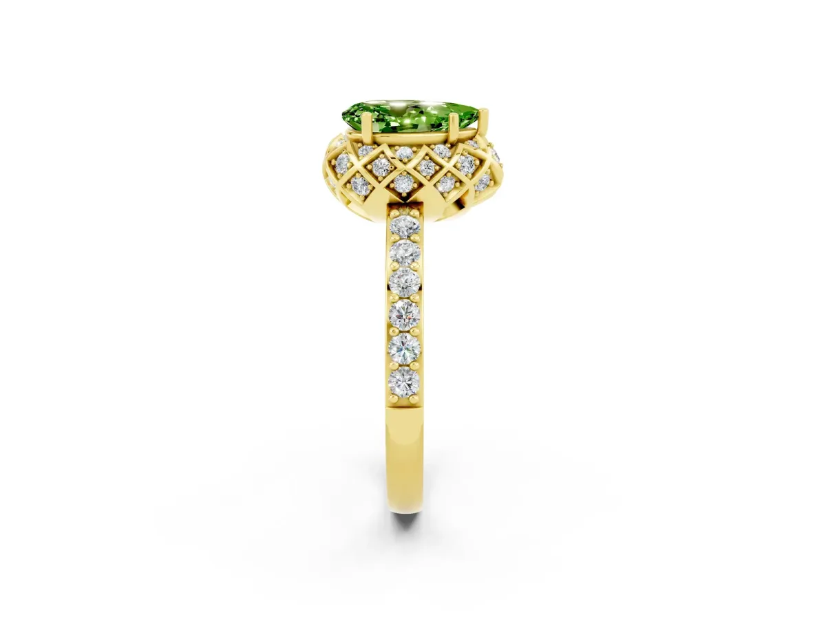 Pear Cut Peridot Scalloped Halo Engagement Ring with Round Shared Prong Band Yellow gold