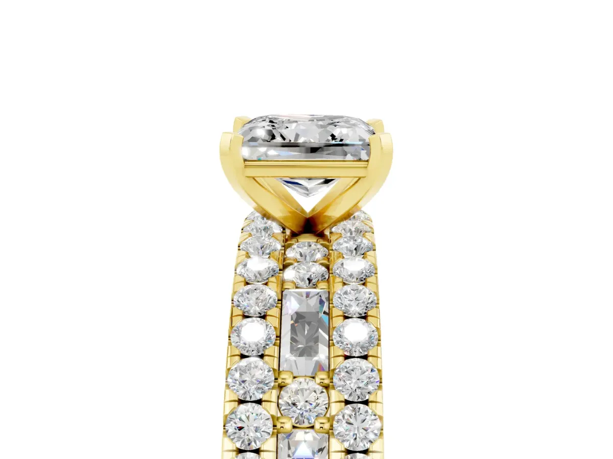 Princess Cut Moissanite Solitaire Ring with Pavé and Channel Set Band Yellow gold