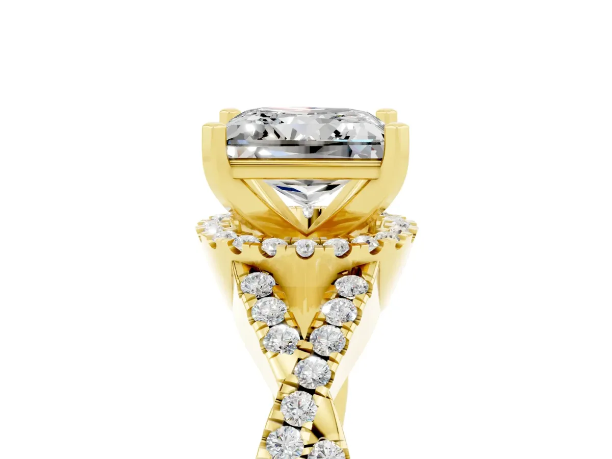 Princess Cut Moissanite Halo Twist Band Solitaire Prong Setting Ring Yellow gold